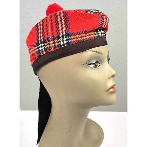VTG SIZE 6.5 52cm Red Tartan Plaid Scottish Highland GLENGARRY Cap Made Scotland - Picture 1 of 9